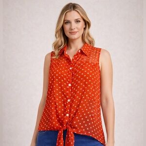 Speechless blouse button down orange white polka dot sleeveless sheer lace sz L